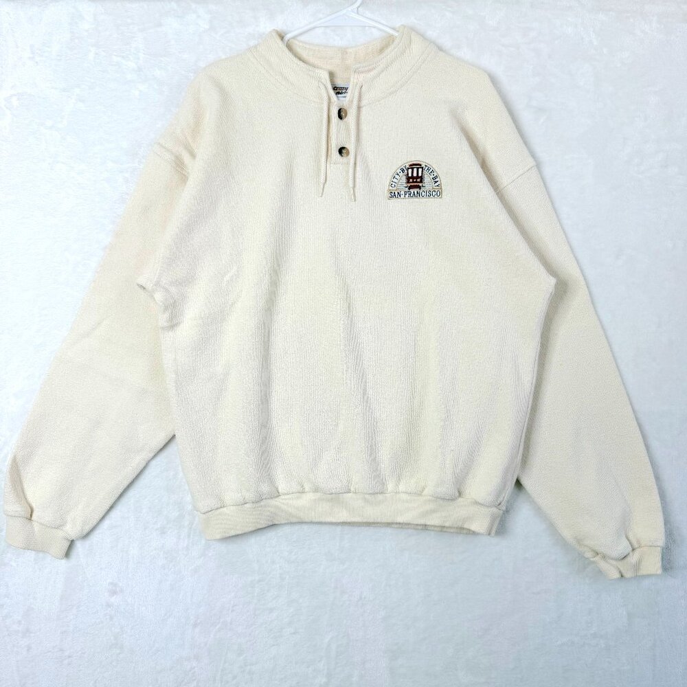 CRAZY SHIRTS Hawaii Terry San Francisco Pullover Henley Sweatshirt Mens L Cream